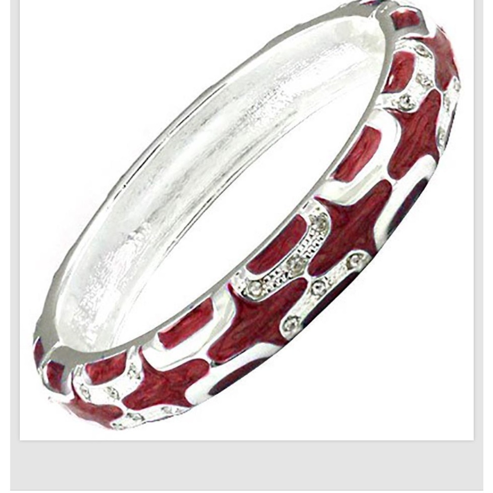 Red Silver Crystal Bangle Bracelet Enamel Hinged Alloy Women Fashion Jewelry